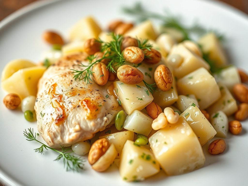Kip met witloof- en aardappelsalade, dille en noten, AI-gegenereerde illustratie
