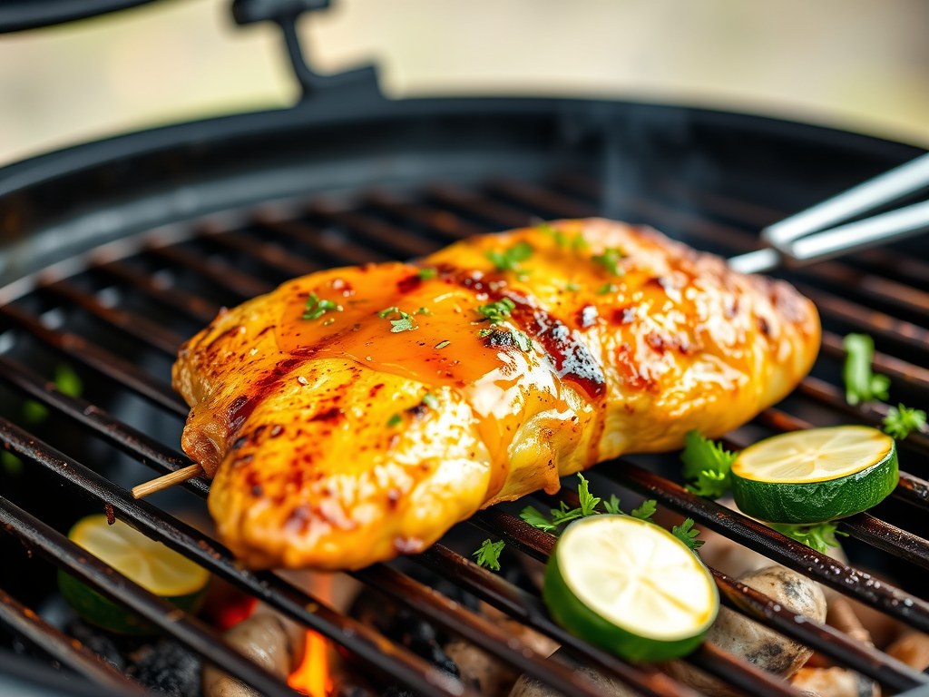 Kip op de barbecue met courgette en honing, AI-gegenereerde illustratie