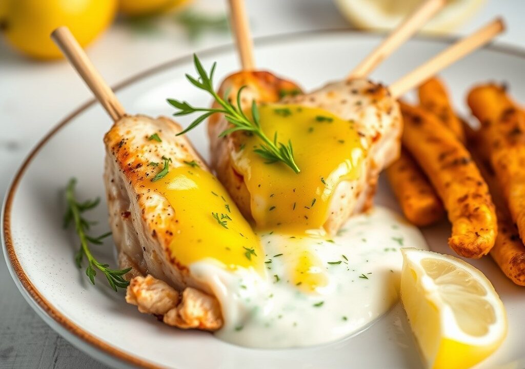 Kip-Saté’s met een Saus van Citroen-Yoghurt-Peper, AI-gegenereerde illustratie