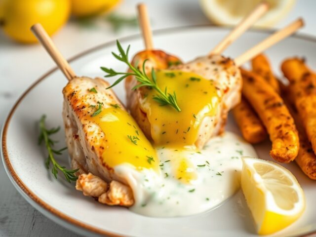 Kip-Saté’s met een Saus van Citroen-Yoghurt-Peper — AI-gegenereerde illustratie