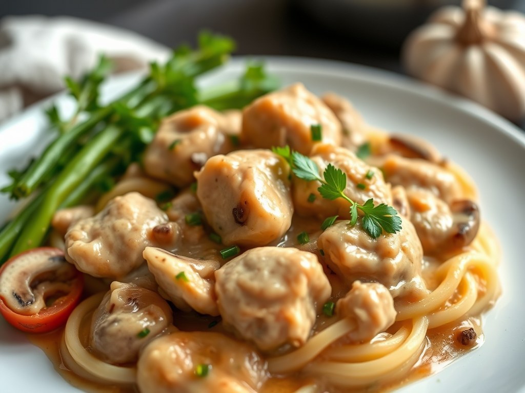 Kip Stroganoff, AI-gegenereerde illustratie