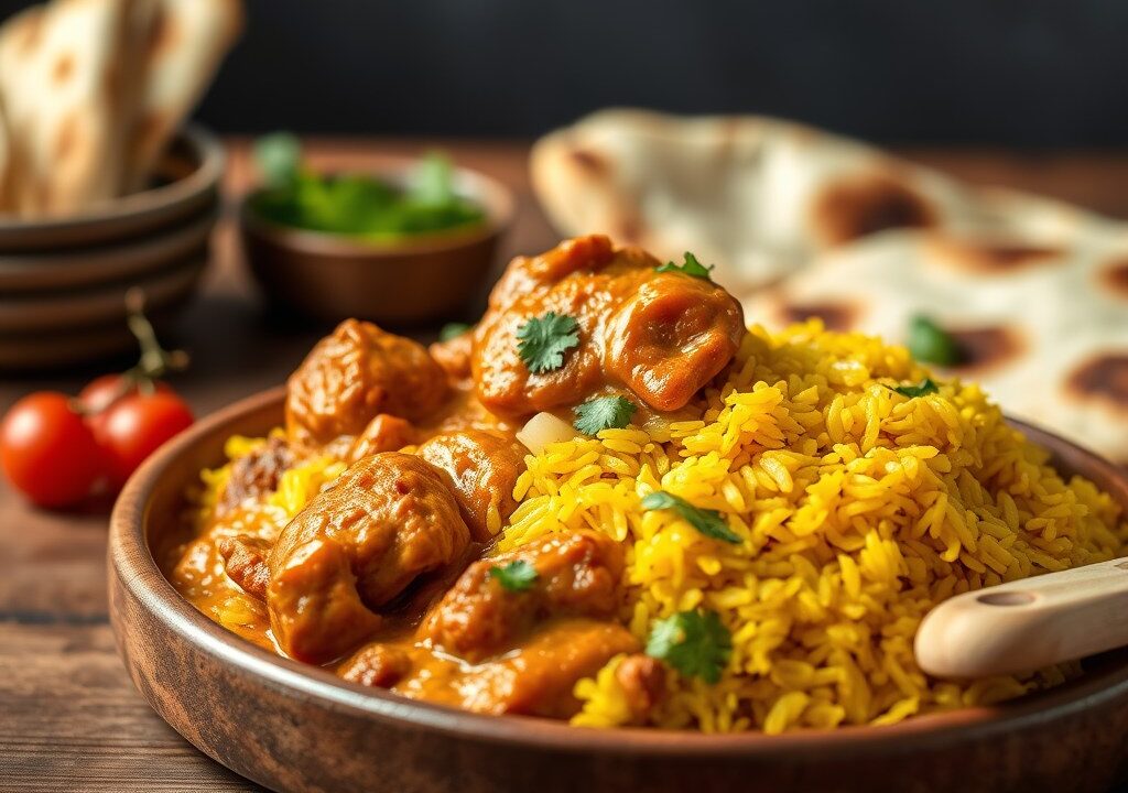 Kip tikka masala met gele rijst en naanbrood — AI-gegenereerde illustratie