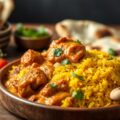 Kip tikka masala met gele rijst en naanbrood