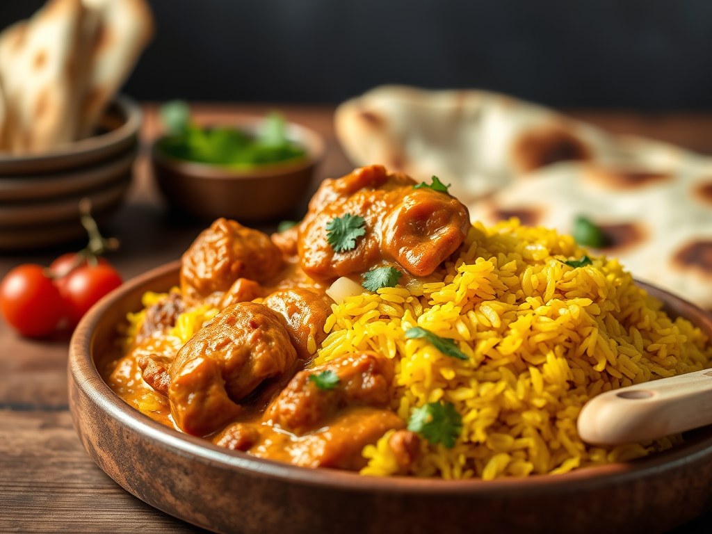 Kip tikka masala met gele rijst en naanbrood, AI-gegenereerde illustratie