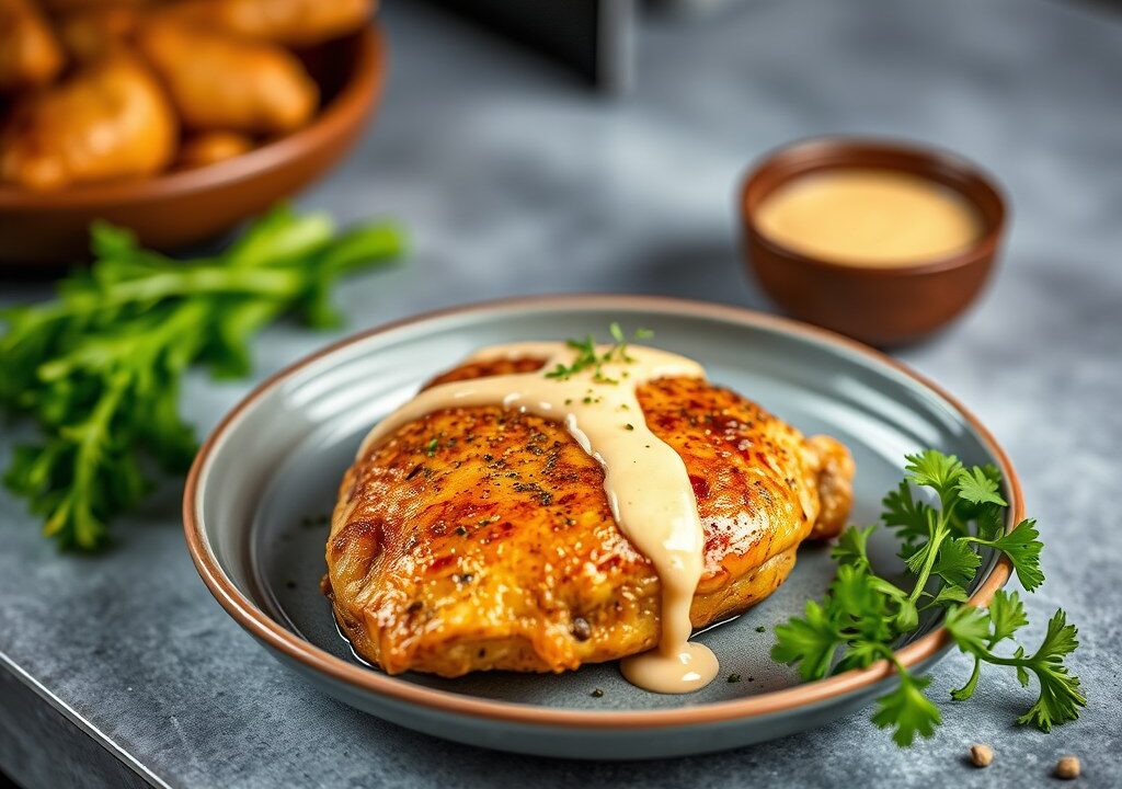 Kip uit de oven met Mosterd-Mayonaise, AI-gegenereerde illustratie