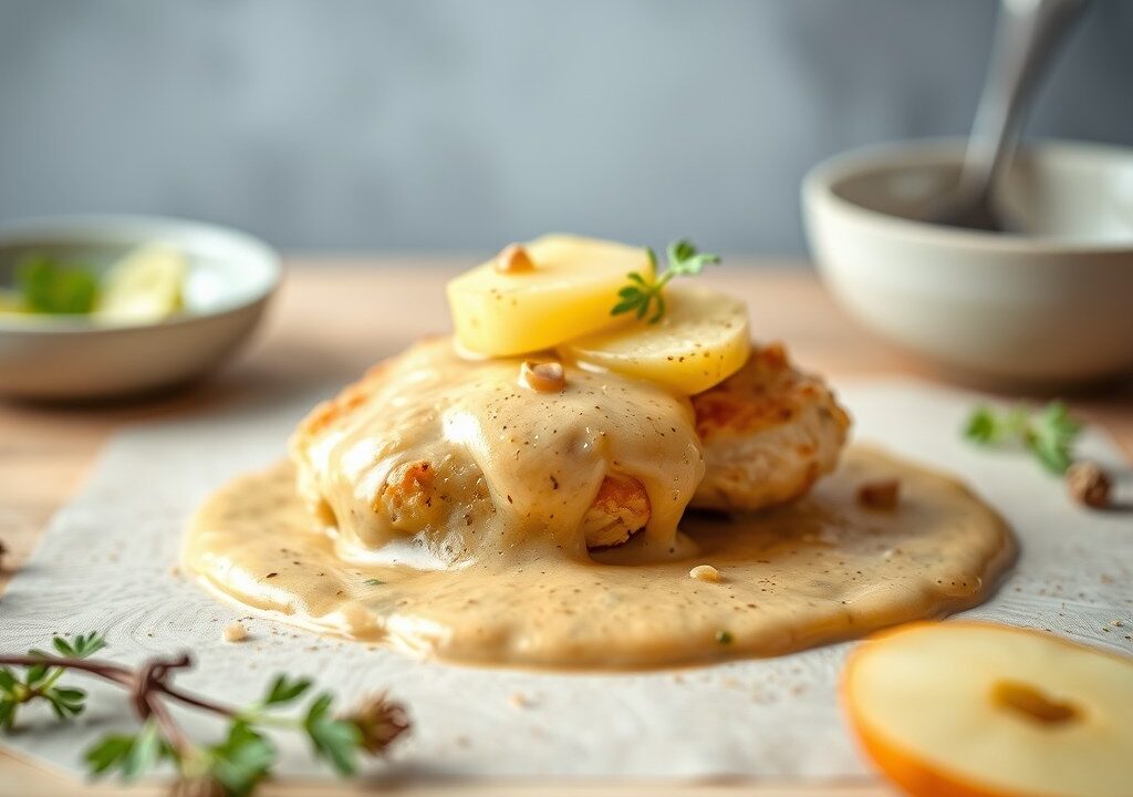 Kipbrochette, gekarameliseerde appelen, room met Brune de Val-Dieu, AI-gegenereerde illustratie