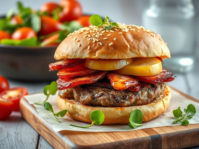 Kipburgers met appel, ui en spek en een salade van tomaatjes en spinazie — AI-gegenereerde illustratie