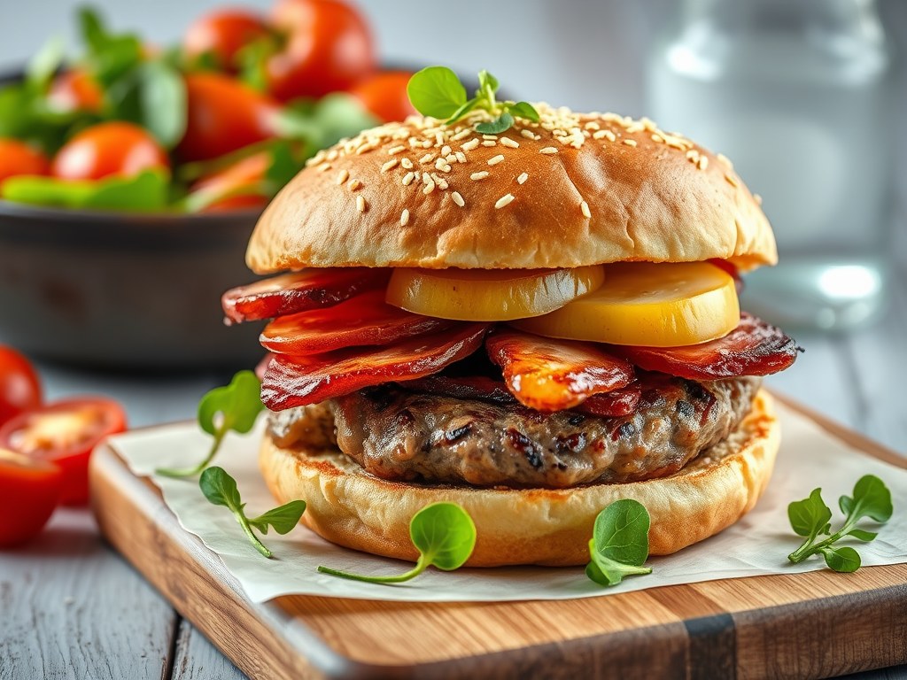 Kipburgers met appel, ui en spek en een salade van tomaatjes en spinazie, AI-gegenereerde illustratie
