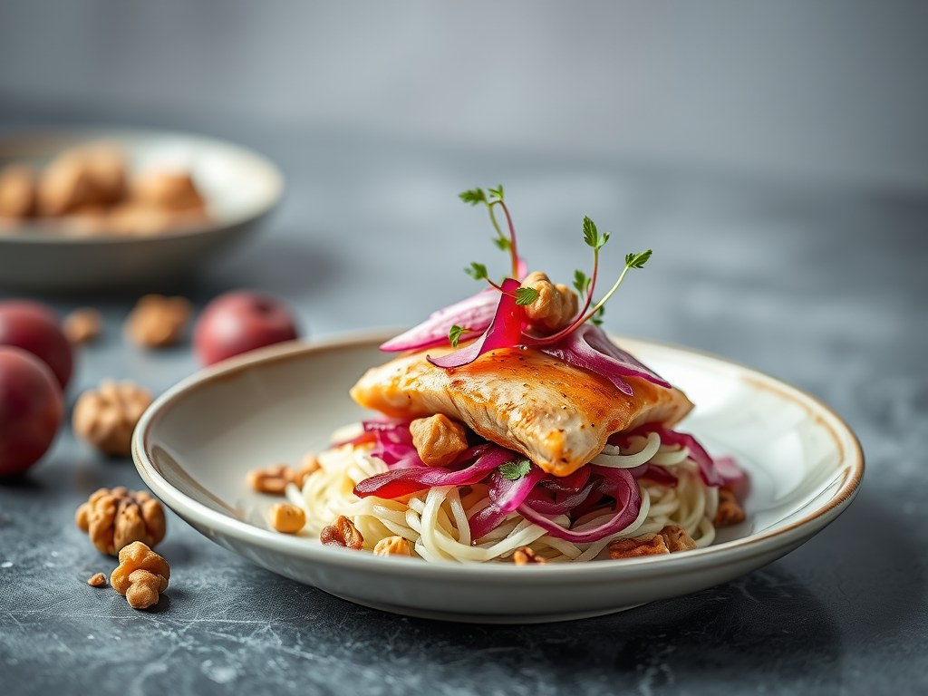 Kipcocktail met radicchio, walnoten en pompelmoes, AI-gegenereerde illustratie