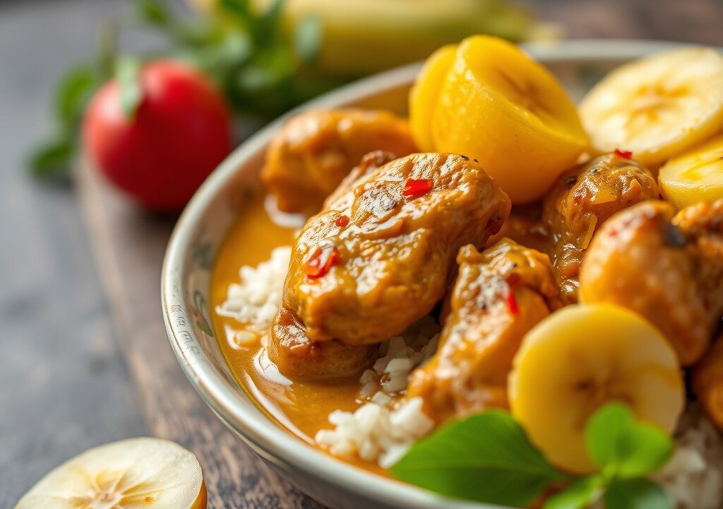 Kipcurry met banaan en ananas, AI-gegenereerde illustratie