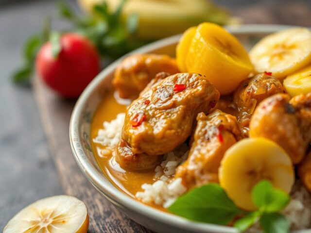 Kipcurry met banaan en ananas — AI-gegenereerde illustratie