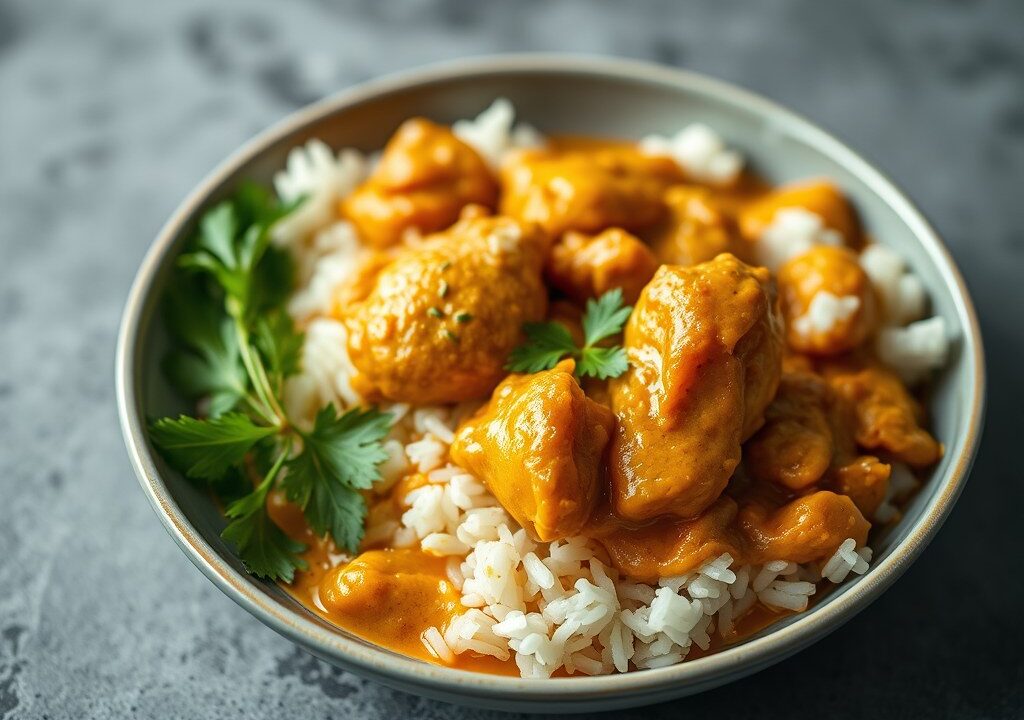 Kipcurry met rijst, AI-gegenereerde illustratie