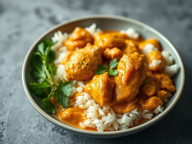 Kipcurry met rijst — AI-gegenereerde illustratie