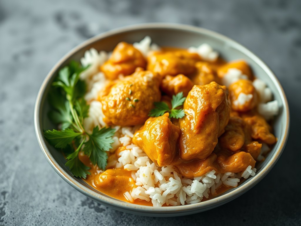 Kipcurry met rijst, AI-gegenereerde illustratie