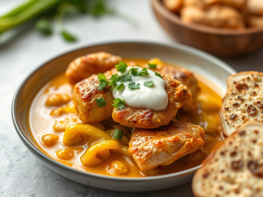 Kipcurry met witloof, AI-gegenereerde illustratie