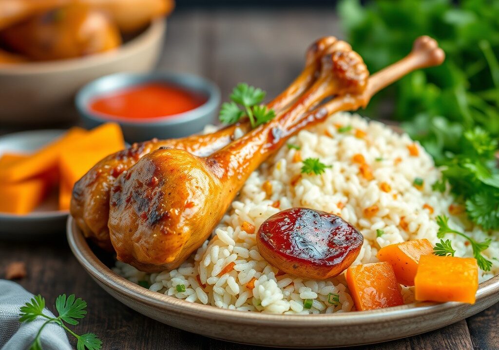 Kipdrumsticks Losie Foroe met frisse rijstsalade, AI-gegenereerde illustratie