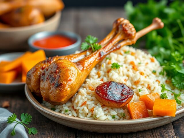 Kipdrumsticks Losie Foroe met frisse rijstsalade — AI-gegenereerde illustratie