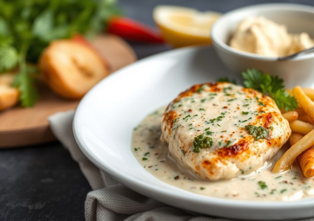 Kipfilet in kruidige pesto-roomsaus — AI-gegenereerde illustratie