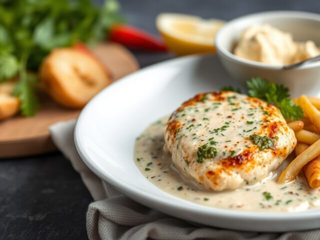 Kipfilet in kruidige pesto-roomsaus — AI-gegenereerde illustratie
