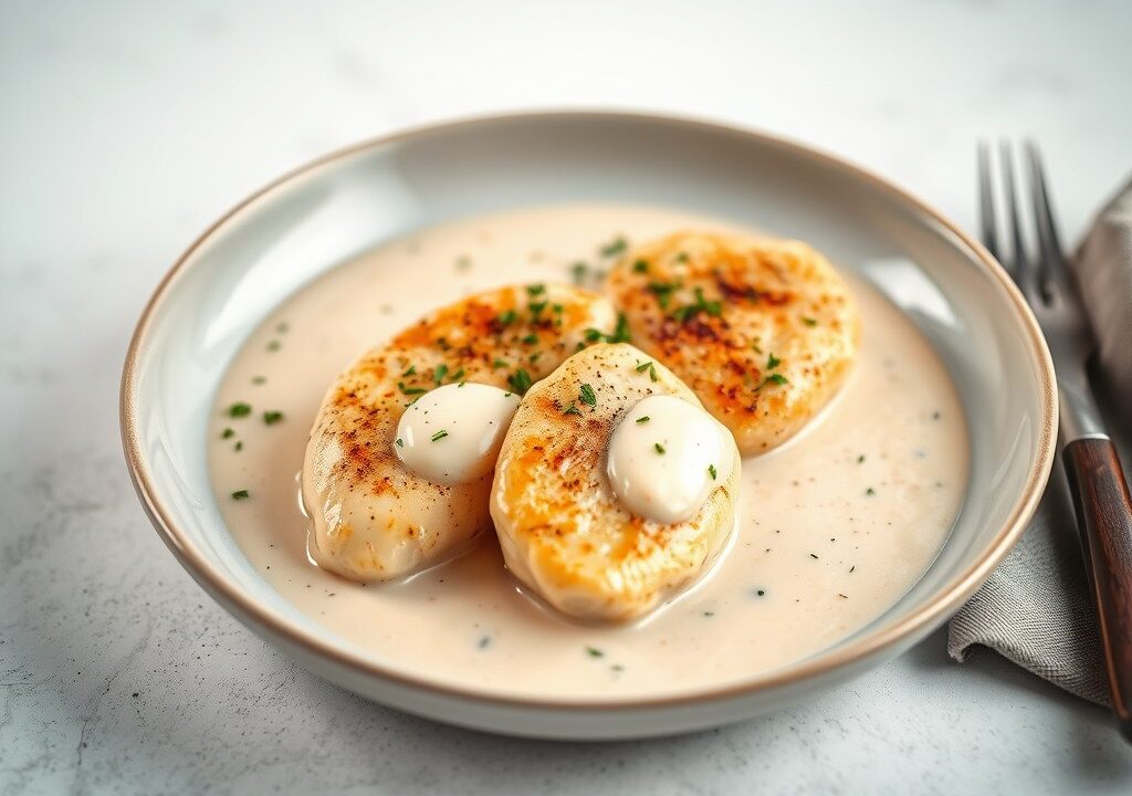 Kipfilet in roomsaus, AI-gegenereerde illustratie