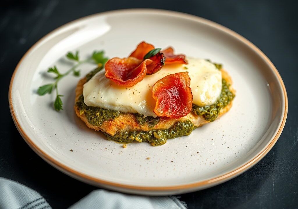 Kipfilet met bacon, pesto en kaas — AI-gegenereerde illustratie