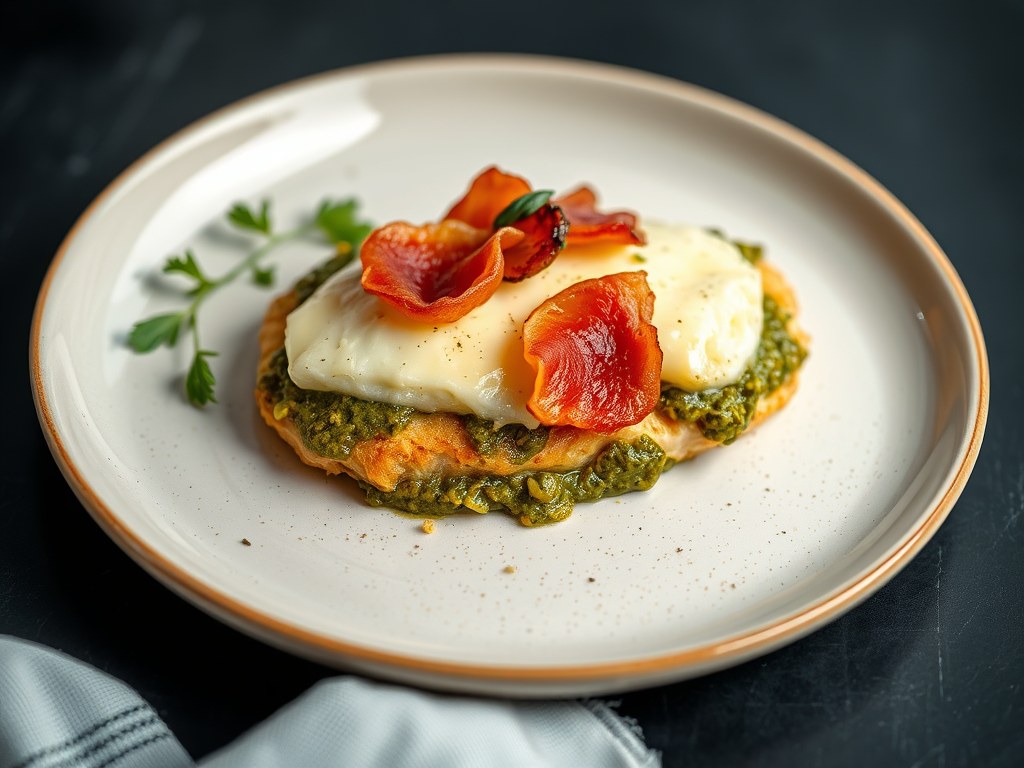 Kipfilet met bacon, pesto en kaas, AI-gegenereerde illustratie