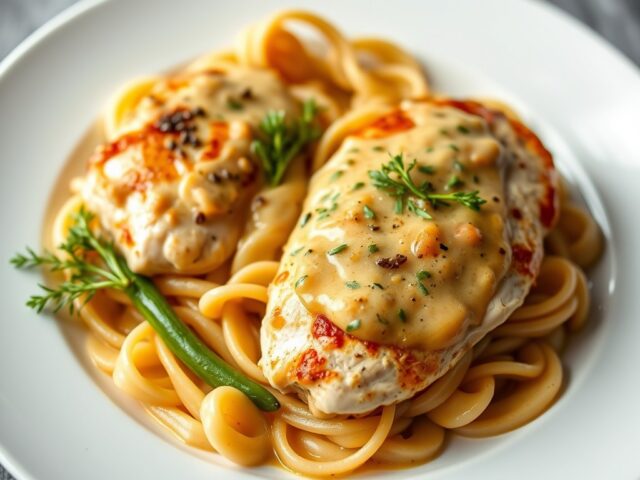 Kipfilet met pasta en kruidenkaas-saus — AI-gegenereerde illustratie