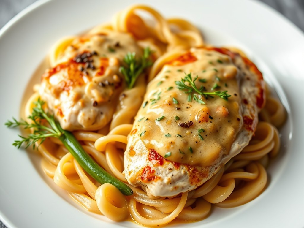 Kipfilet met pasta en kruidenkaas-saus, AI-gegenereerde illustratie