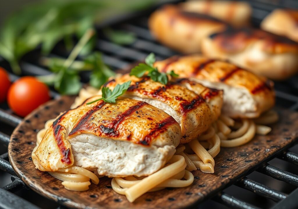 Kipfilet met pastasalade, AI-gegenereerde illustratie
