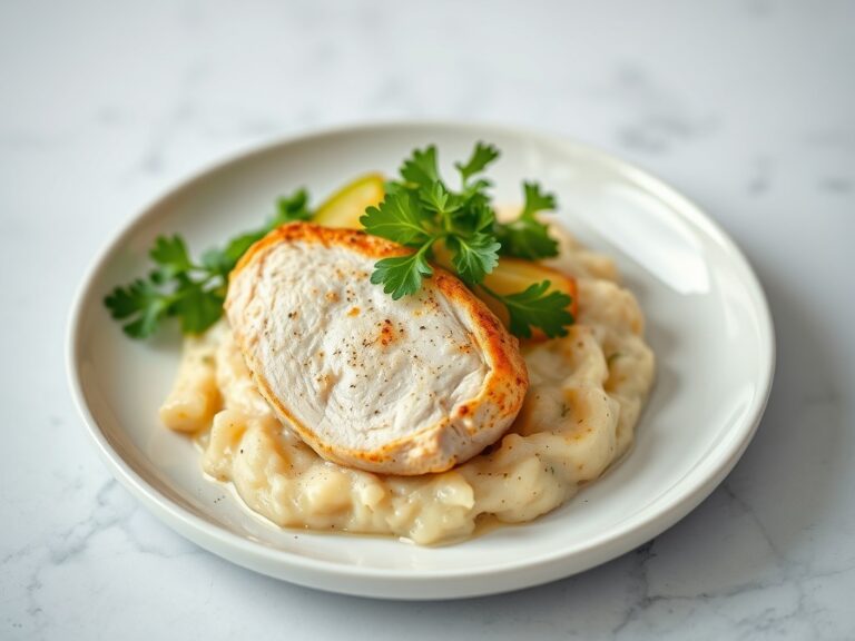 Kipfilet met pureeaardappel, truffel en rucola — AI-gegenereerde illustratie