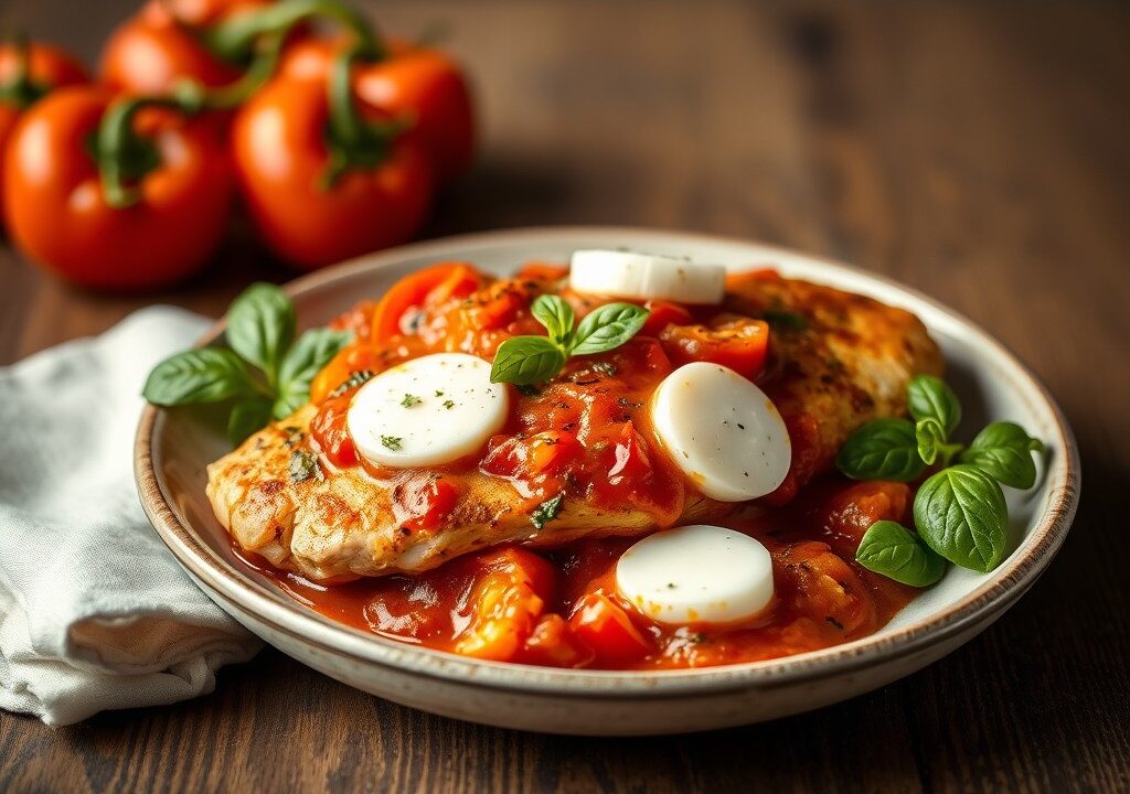 Kipfilet met tomatensaus en mozarella, AI-gegenereerde illustratie