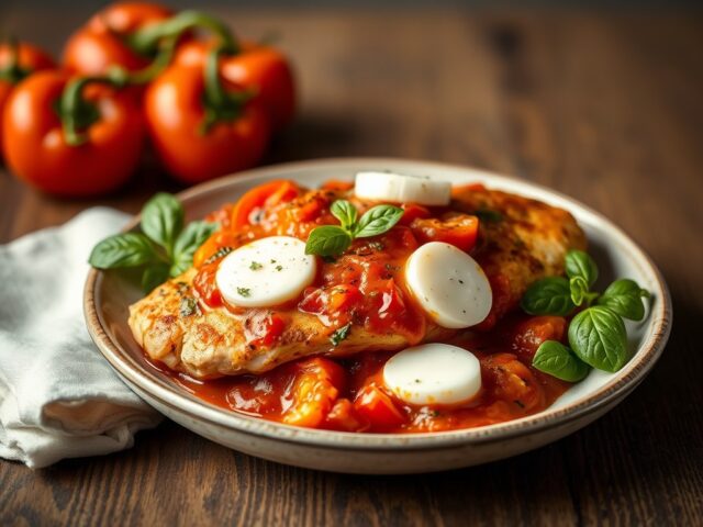Kipfilet met tomatensaus en mozarella — AI-gegenereerde illustratie
