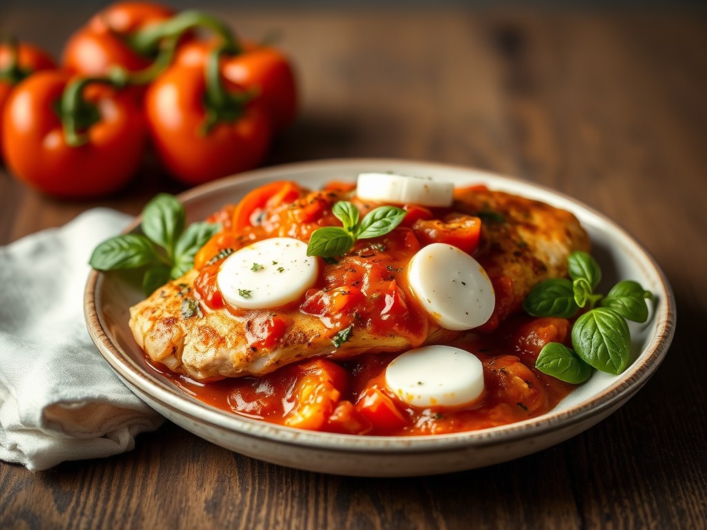 Kipfilet met tomatensaus en mozarella, AI-gegenereerde illustratie
