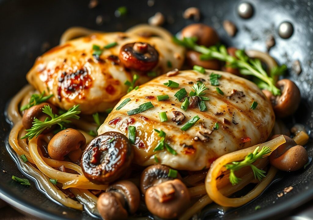 Kipfilets met champignons en boursinkaas — AI-gegenereerde illustratie