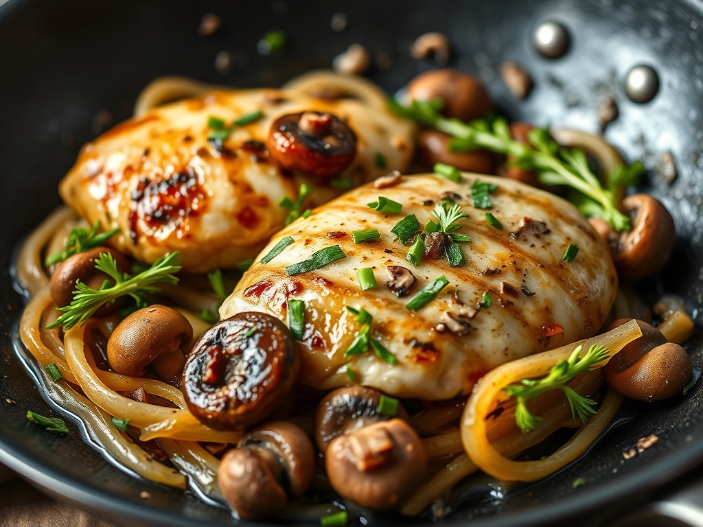Kipfilets met champignons en boursinkaas, AI-gegenereerde illustratie