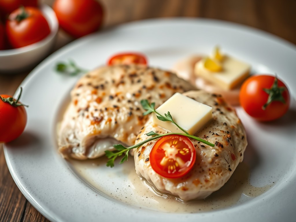 Kipfilets met look en verse tomaten, AI-gegenereerde illustratie
