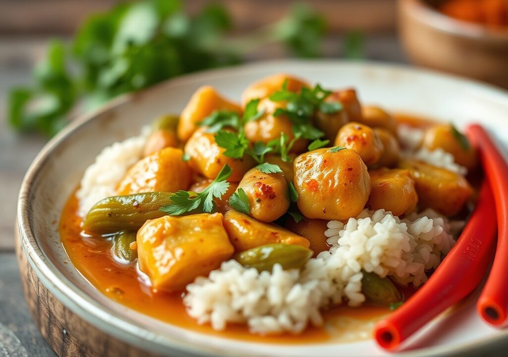 Kippenbouten gestoofd in Indische pikante saus, AI-gegenereerde illustratie