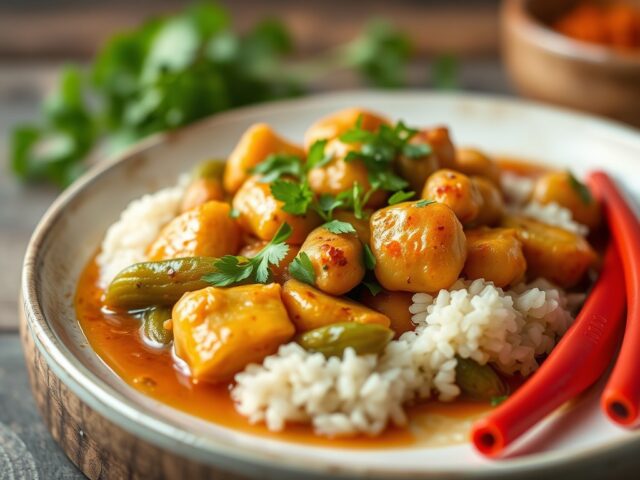 Kippenbouten gestoofd in Indische pikante saus — AI-gegenereerde illustratie