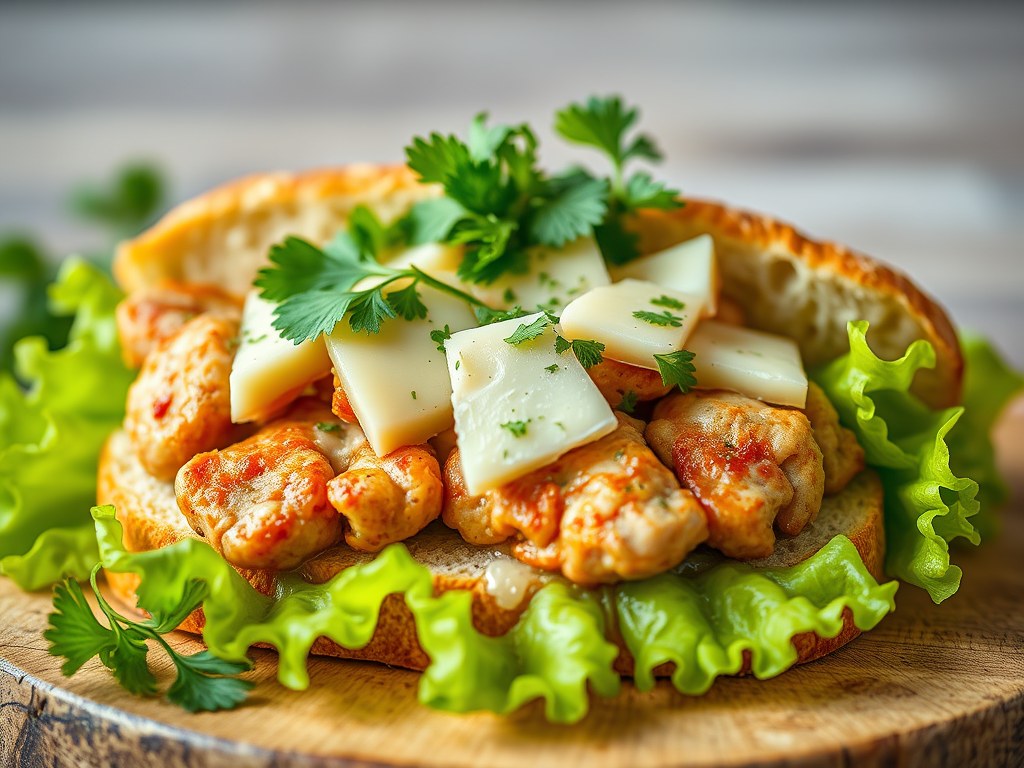 Kippenbrood met sla en kroketten, AI-gegenereerde illustratie