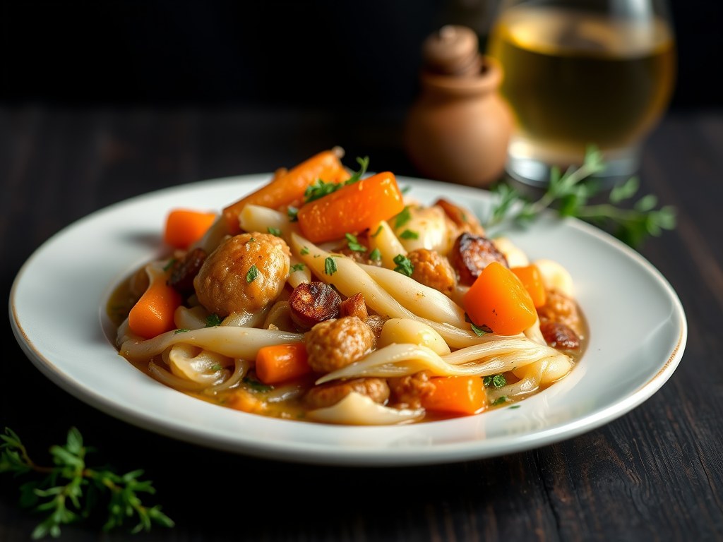 Kippenragout met groenten, AI-gegenereerde illustratie