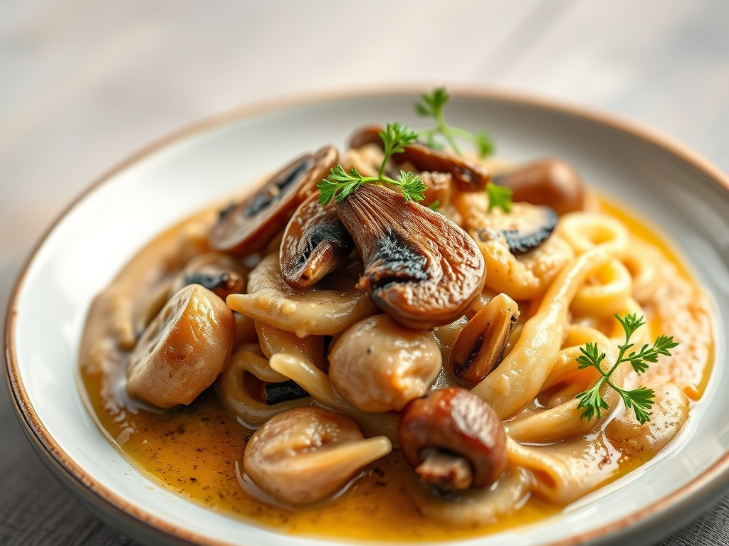 Kippenrol met champignons en mosterdpuree, AI-gegenereerde illustratie