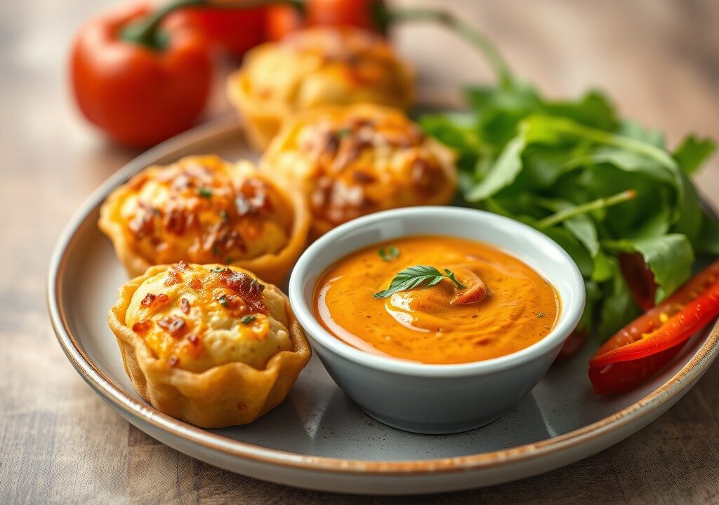Kippenspiesjes met currydip — AI-gegenereerde illustratie