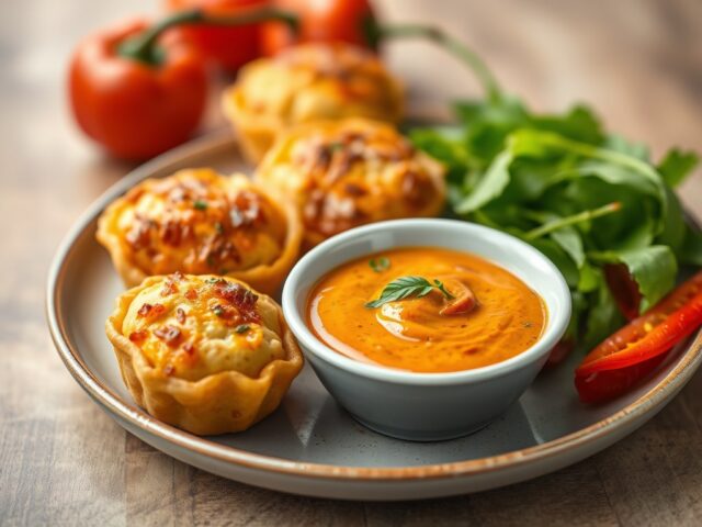 Kippenspiesjes met currydip — AI-gegenereerde illustratie