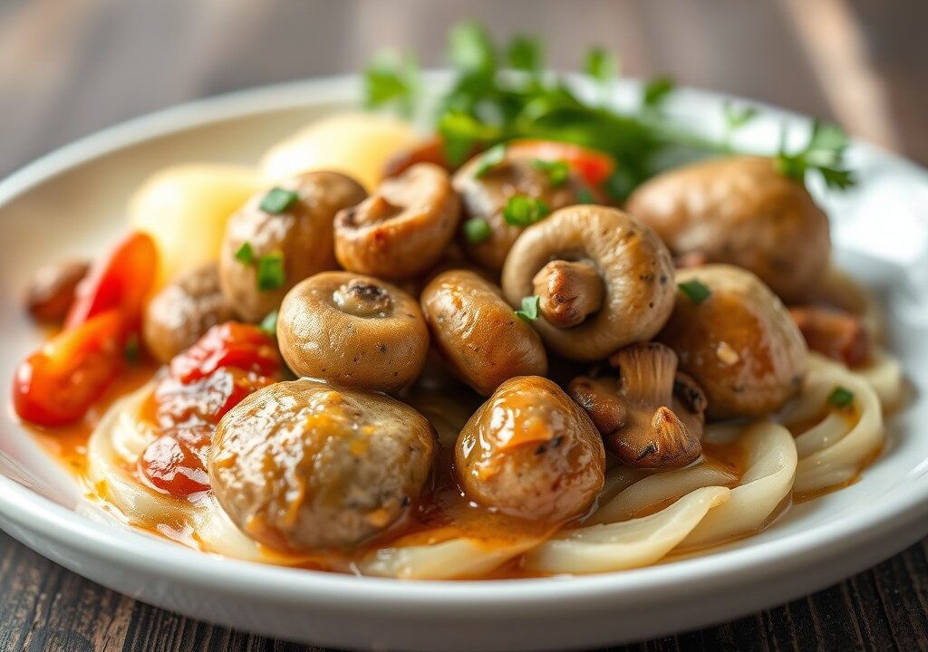 Kippenvleugeltjes met gevulde champignons en gekookte aardappelen, AI-gegenereerde illustratie