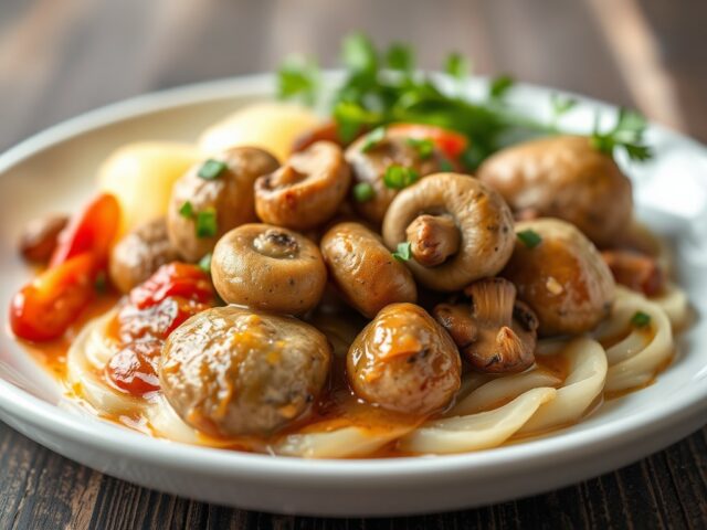 Kippenvleugeltjes met gevulde champignons en gekookte aardappelen — AI-gegenereerde illustratie