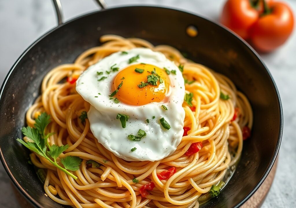 Kipsate-spaghetti met prei en ei, AI-gegenereerde illustratie