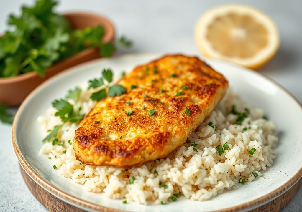 Kipschnitzel met rijst, AI-gegenereerde illustratie