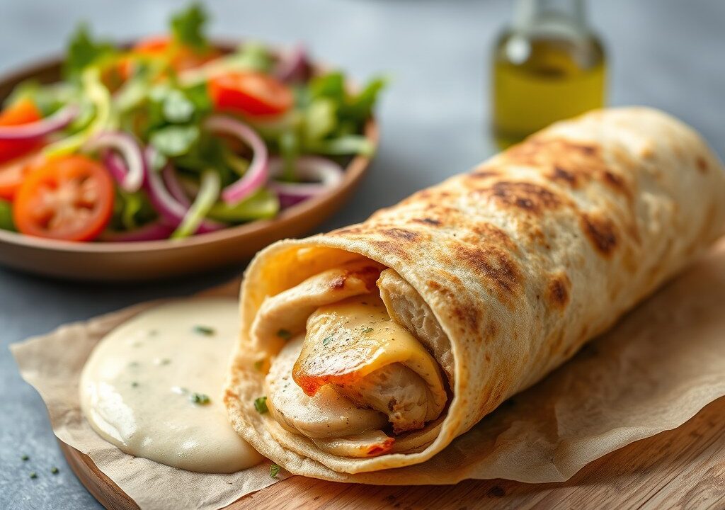Kipshoarma met rijkgevulde salade en hete saus en eigengemaakte knoflook saus — AI-gegenereerde illustratie