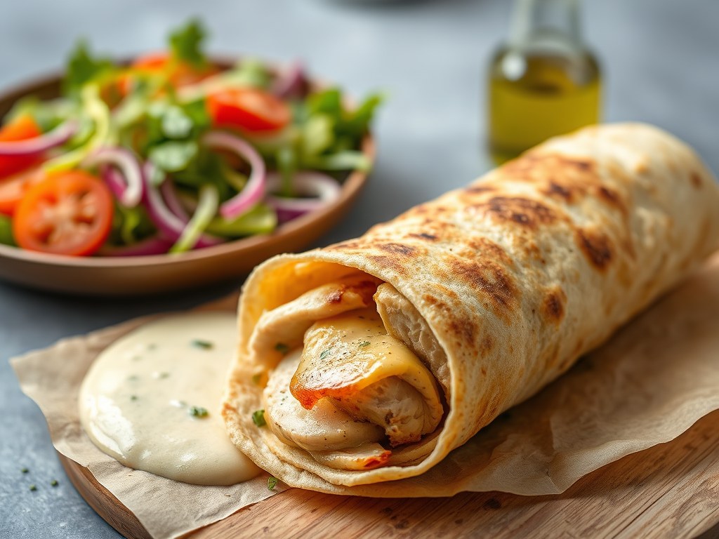 Kipshoarma met rijkgevulde salade en hete saus en eigengemaakte knoflook saus, AI-gegenereerde illustratie