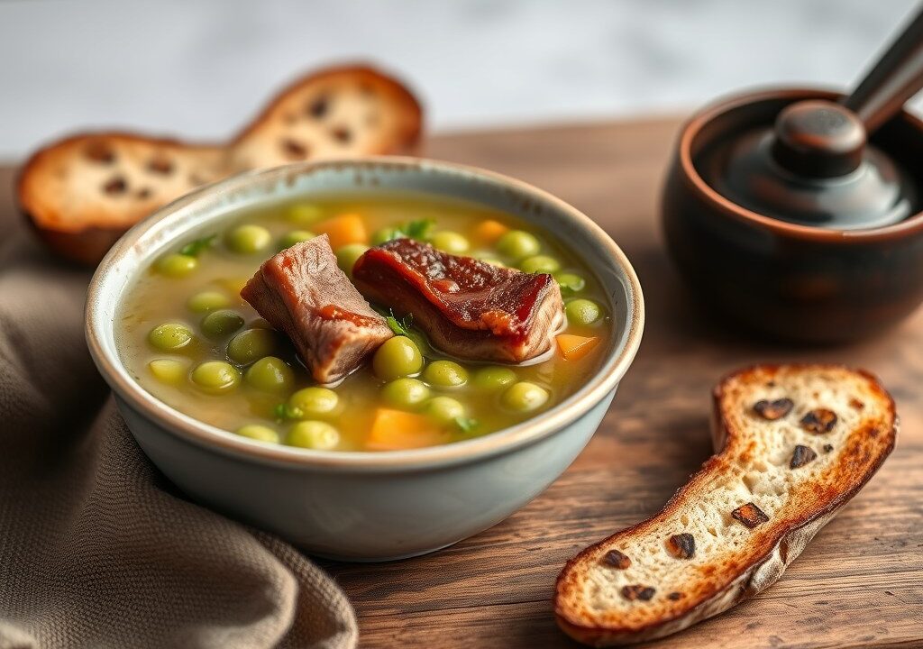 Klassieke Erwtensoep met Sparerib Garnituur, AI-gegenereerde illustratie